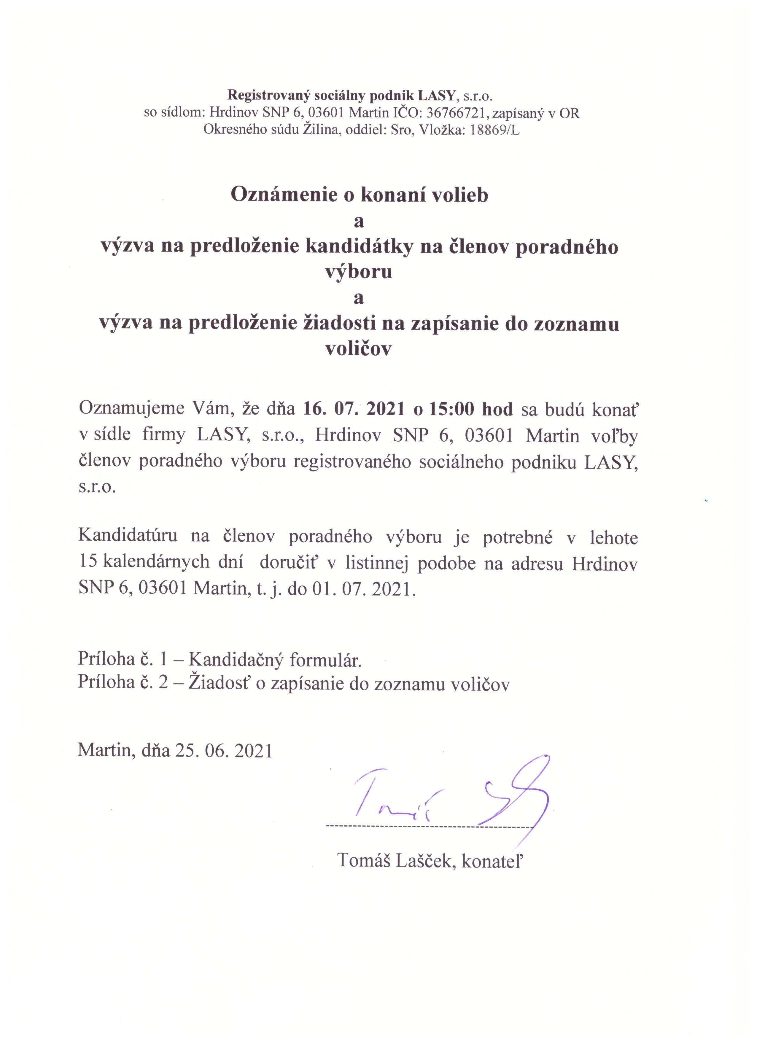 Oznámenie o konaní volieb a výzva na predloženie kandidátky na členov poradného výboru a výzva na predloženie žiadosti na zapísanie do zoznamu voličov