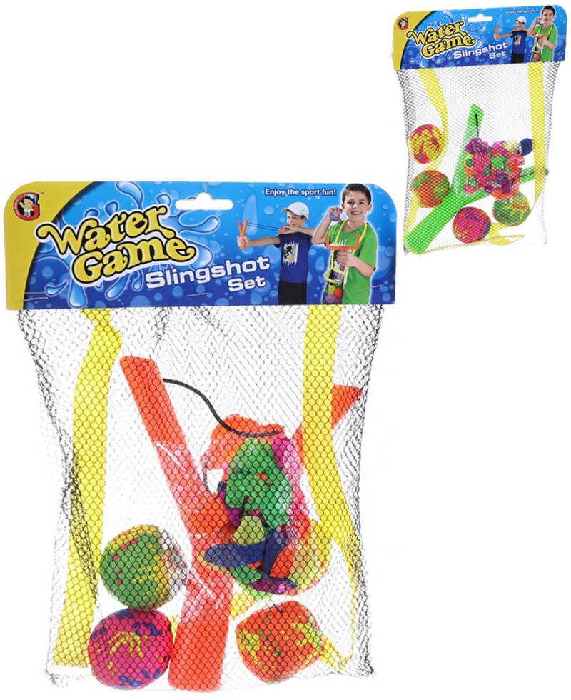 Vodní bomby herní set prak + 4 textilní míčky do vody 2 barvy v síťce
