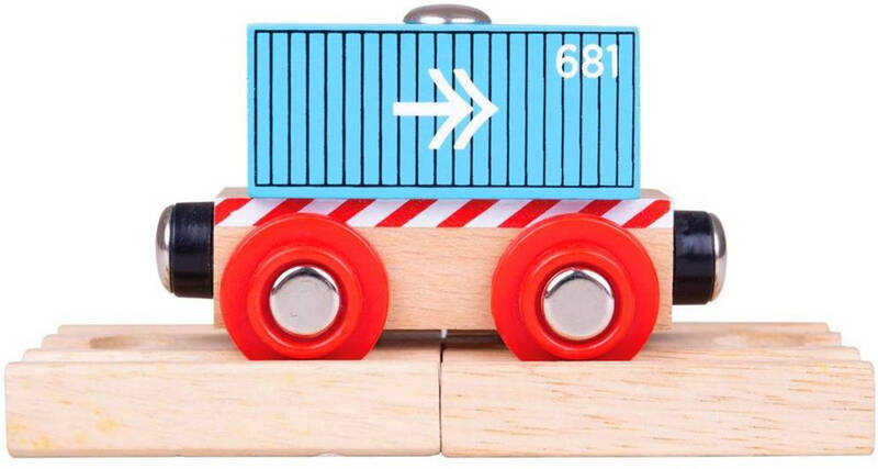 BIGJIGS TOYS DŘEVO Set vagón nákladní modrý kontejner + koleje 2ks